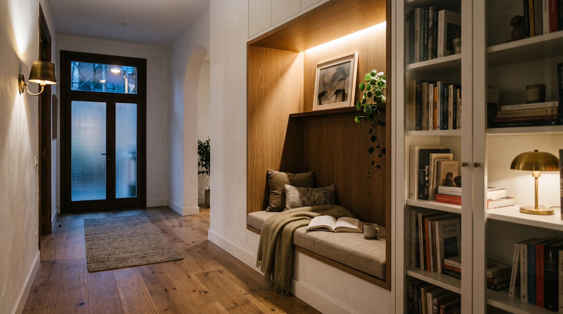 Salón de doble altura con chimenea de hormigón y jardín al fondo